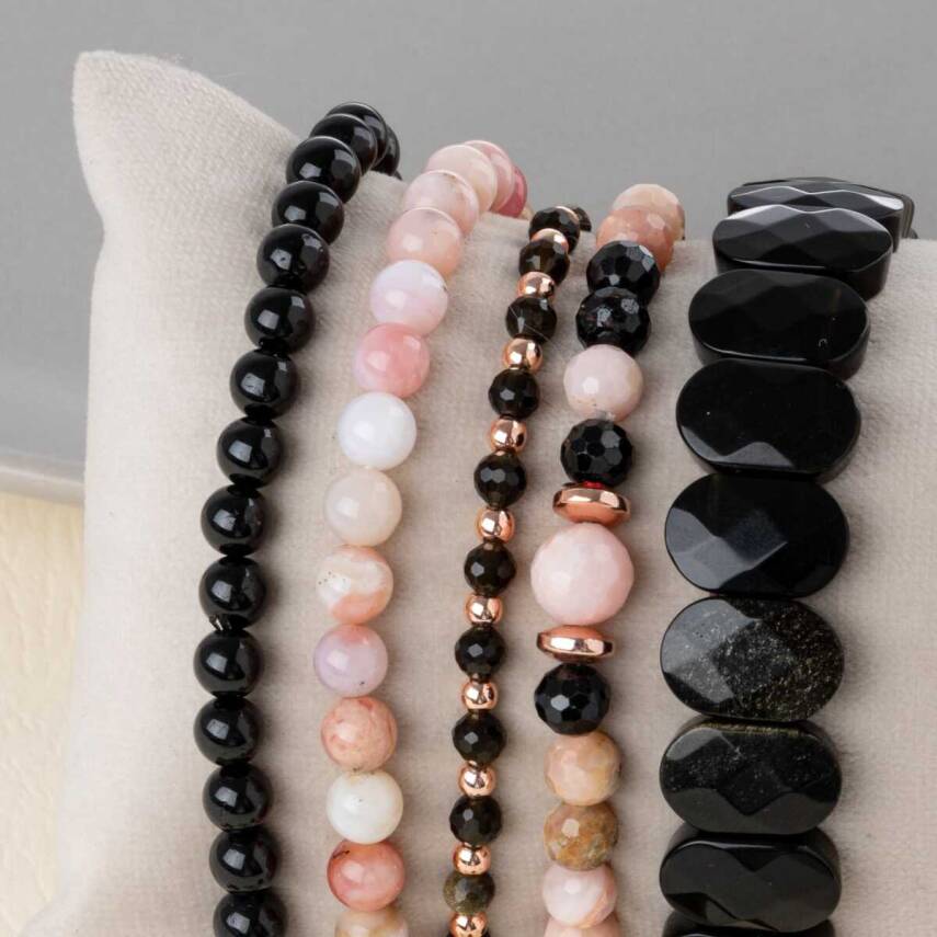 Obsidyen-Pembe Opal-Siyah Turmalin Doğal Taş Kadın Bileklik Seti - 4