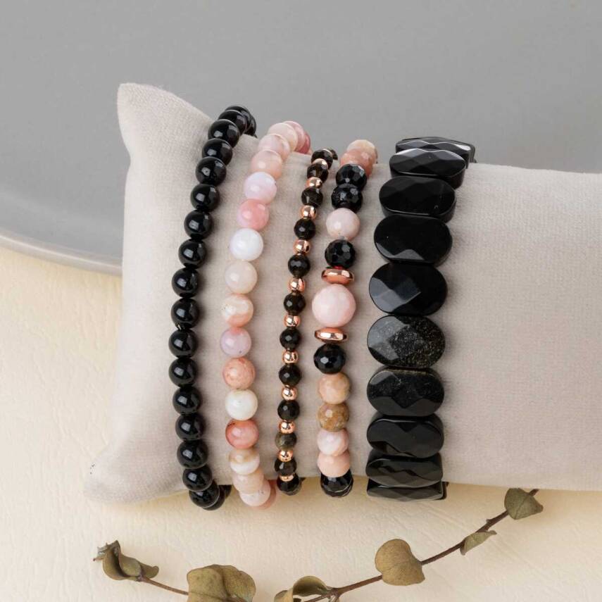 Obsidyen-Pembe Opal-Siyah Turmalin Doğal Taş Kadın Bileklik Seti - 5