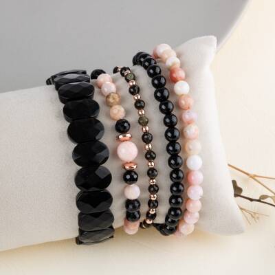 Obsidyen-Pembe Opal-Siyah Turmalin Doğal Taş Kadın Bileklik Seti - 2
