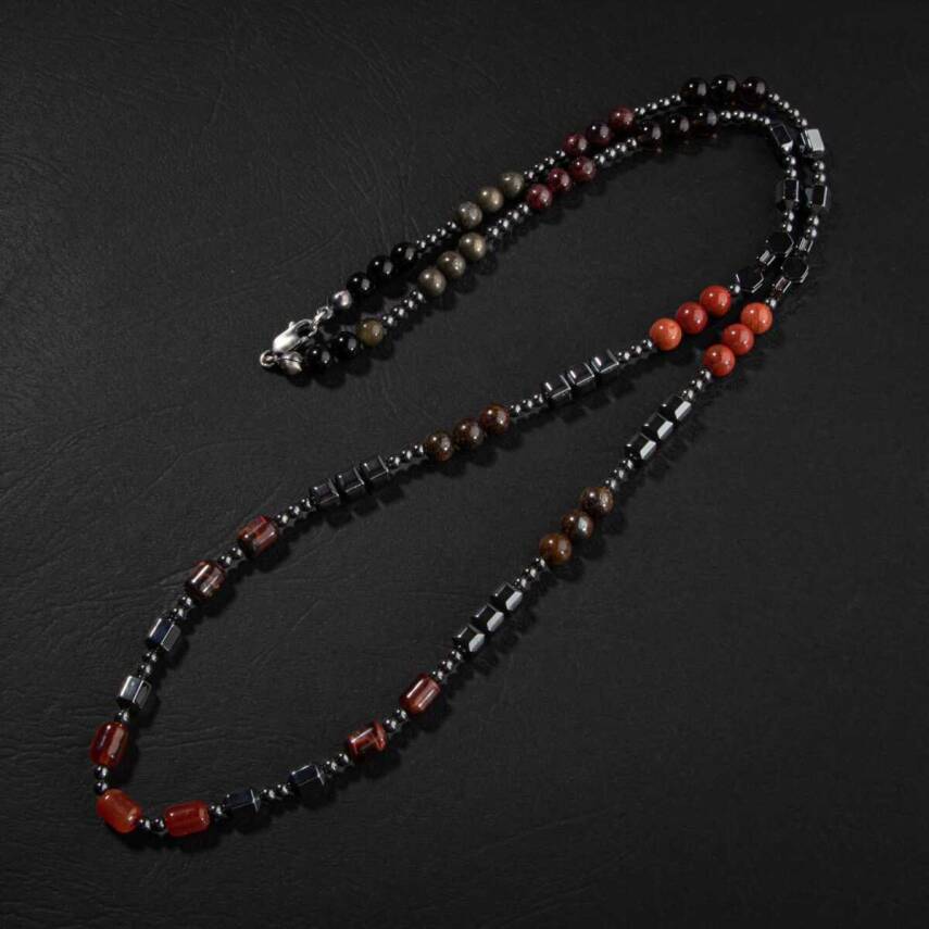 Obsidyen-Pirit-Dumanlı Kuvars-Jasper-Bronzit-Kaplan Gözü-Kırmızı Akik-Lal Taşı-Hematit Doğal Taş Erkek Tasarım Kolye - 1