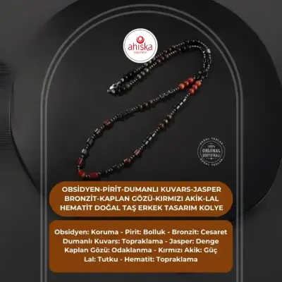 Obsidyen-Pirit-Dumanlı Kuvars-Jasper-Bronzit-Kaplan Gözü-Kırmızı Akik-Lal Taşı-Hematit Doğal Taş Erkek Tasarım Kolye - Doğal Taş (1)