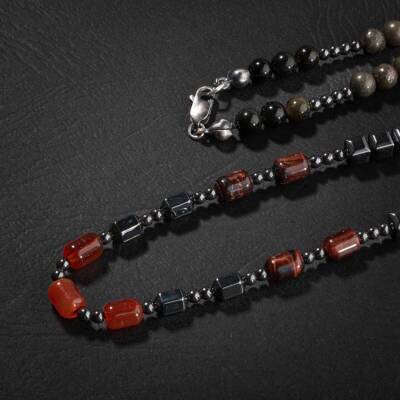Obsidyen-Pirit-Dumanlı Kuvars-Jasper-Bronzit-Kaplan Gözü-Kırmızı Akik-Lal Taşı-Hematit Doğal Taş Erkek Tasarım Kolye - 3