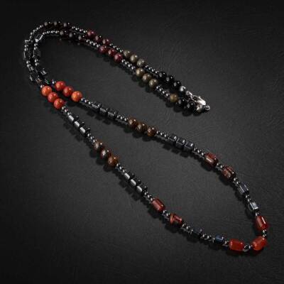 Obsidyen-Pirit-Dumanlı Kuvars-Jasper-Bronzit-Kaplan Gözü-Kırmızı Akik-Lal Taşı-Hematit Doğal Taş Erkek Tasarım Kolye - 4