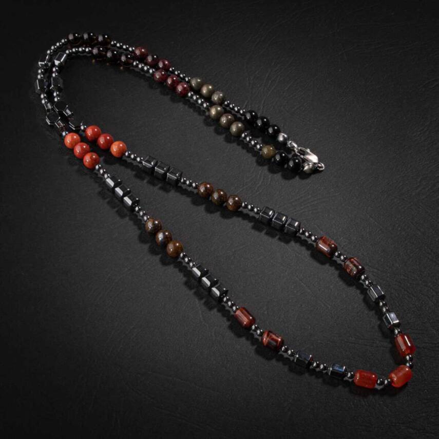 Obsidyen-Pirit-Dumanlı Kuvars-Jasper-Bronzit-Kaplan Gözü-Kırmızı Akik-Lal Taşı-Hematit Doğal Taş Erkek Tasarım Kolye - 4