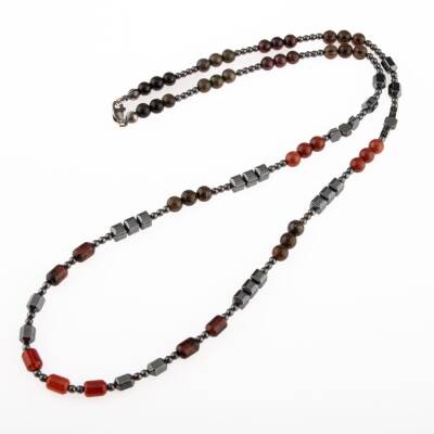Obsidyen-Pirit-Dumanlı Kuvars-Jasper-Bronzit-Kaplan Gözü-Kırmızı Akik-Lal Taşı-Hematit Doğal Taş Erkek Tasarım Kolye - Osmanlı Doğaltaş