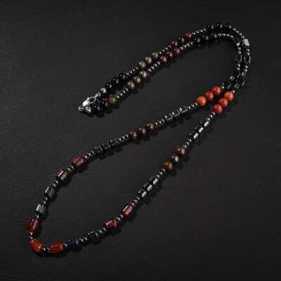 Obsidyen-Pirit-Dumanlı Kuvars-Jasper-Bronzit-Kaplan Gözü-Kırmızı Akik-Lal Taşı-Hematit Doğal Taş Erkek Tasarım Kolye - 4