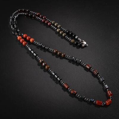 Obsidyen-Pirit-Dumanlı Kuvars-Jasper-Bronzit-Kaplan Gözü-Kırmızı Akik-Lal Taşı-Hematit Doğal Taş Erkek Tasarım Kolye - 5