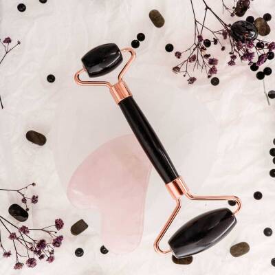Obsidyen Roller ve Pembe Kuvars Kalpli Gua Sha Takımı - Doğal Taş