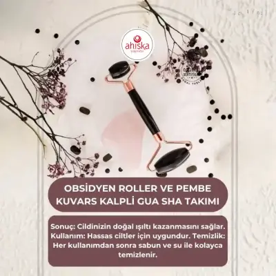 Obsidyen Roller ve Pembe Kuvars Kalpli Gua Sha Takımı - Doğal Taş (1)