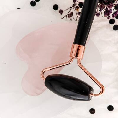 Obsidyen Roller ve Pembe Kuvars Kalpli Gua Sha Takımı - 2
