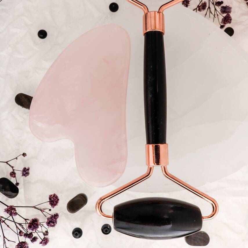 Obsidyen Roller ve Pembe Kuvars Kalpli Gua Sha Takımı - 3