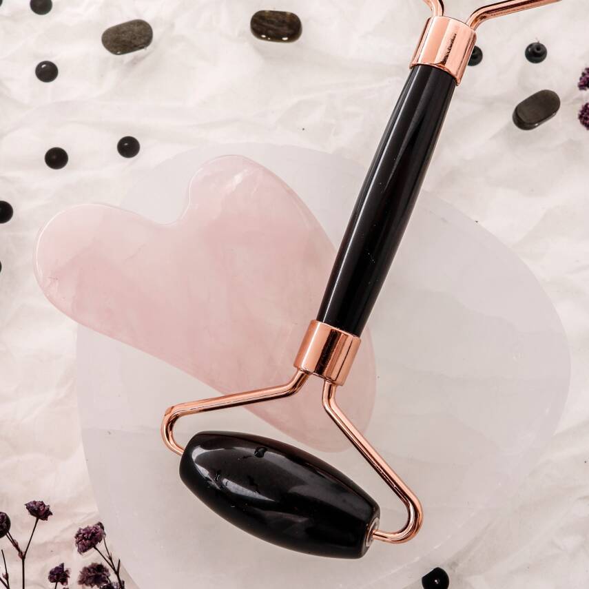 Obsidyen Roller ve Pembe Kuvars Kalpli Gua Sha Takımı - 4