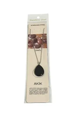 Akik Siyah Göz Damla Figür Taşlı Çelik Zincir Doğal Taş Kolye - Doğal Taş (1)