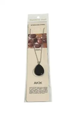 Akik Siyah Göz Damla Figür Taşlı Çelik Zincir Doğal Taş Kolye - 1