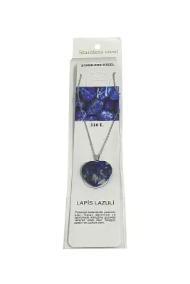Lapis Lazuli Kalp Figür Taşlı Çelik Zincir Doğal Taş Kolye - Doğal Taş (1)