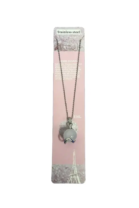 Pembe Kuvars Daire Figür Taşlı Çelik Zincir Doğal Taş Kolye - 1