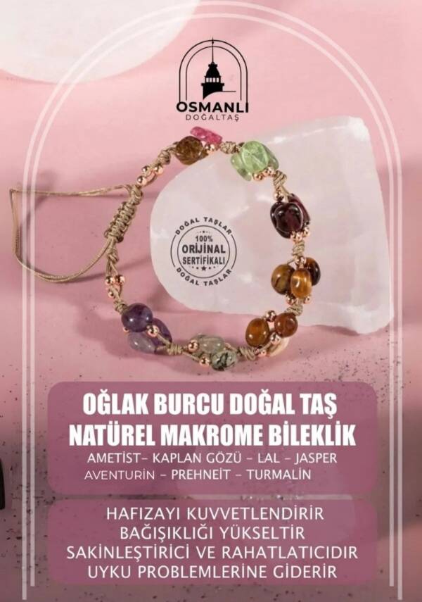 Oğlak Burcu Bileklik Ametist, Bordo Granat Lal, Jasper, Kaplan Gözü, Kunzit, Prehnit, Renkli Turmalin - 2