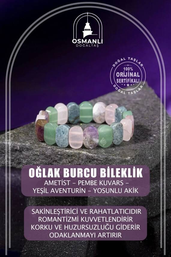 Oğlak Burcu Bileklik Ametist, Pembe Kuvars, Yeşil Aventurin, Yosunlu Akik - 2