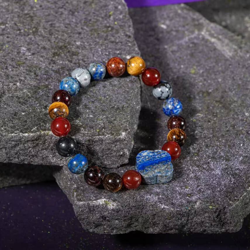 Oğlak Burcu Bileklik Bordo Granat Lal, Kaplan Gözü, Karlı Obsidyen, Kırmızı Akik, Lapis Lazuli - 3