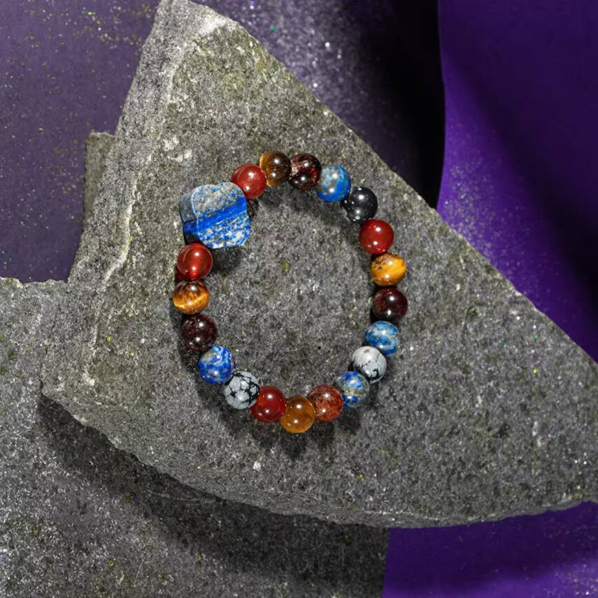 Oğlak Burcu Bileklik Bordo Granat Lal, Kaplan Gözü, Karlı Obsidyen, Kırmızı Akik, Lapis Lazuli - 4