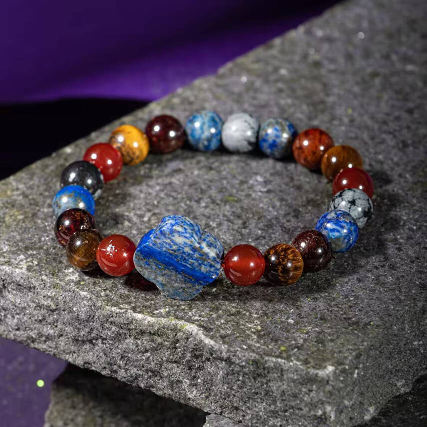 Oğlak Burcu Bileklik Bordo Granat Lal, Kaplan Gözü, Karlı Obsidyen, Kırmızı Akik, Lapis Lazuli - 6