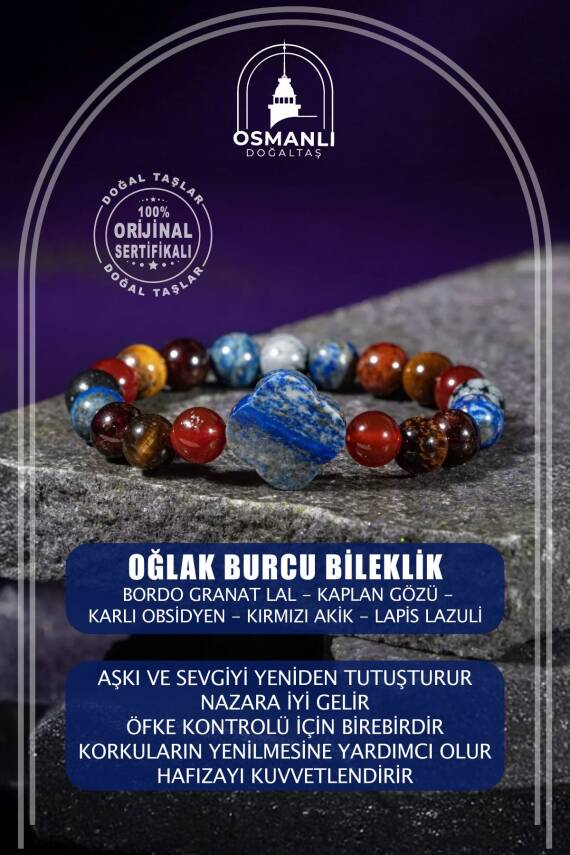 Oğlak Burcu Bileklik Bordo Granat Lal, Kaplan Gözü, Karlı Obsidyen, Kırmızı Akik, Lapis Lazuli - 1