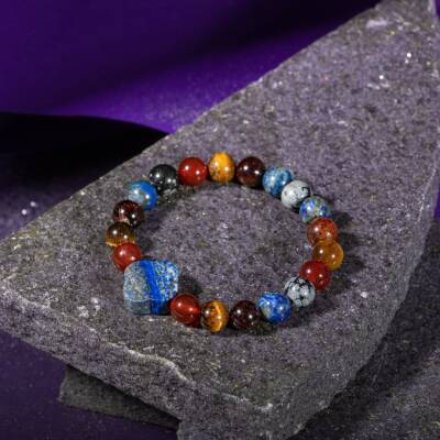 Oğlak Burcu Bileklik Bordo Granat Lal, Kaplan Gözü, Karlı Obsidyen, Kırmızı Akik, Lapis Lazuli - 3