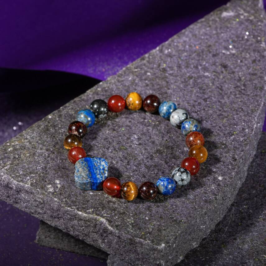 Oğlak Burcu Bileklik Bordo Granat Lal, Kaplan Gözü, Karlı Obsidyen, Kırmızı Akik, Lapis Lazuli - 3