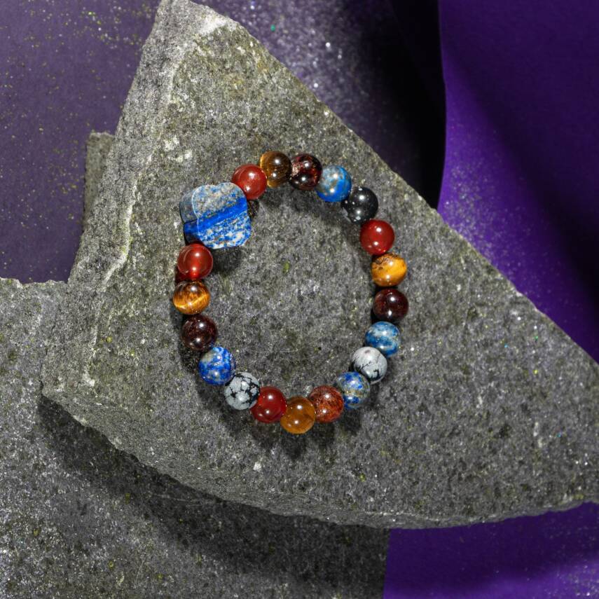 Oğlak Burcu Bileklik Bordo Granat Lal, Kaplan Gözü, Karlı Obsidyen, Kırmızı Akik, Lapis Lazuli - 4