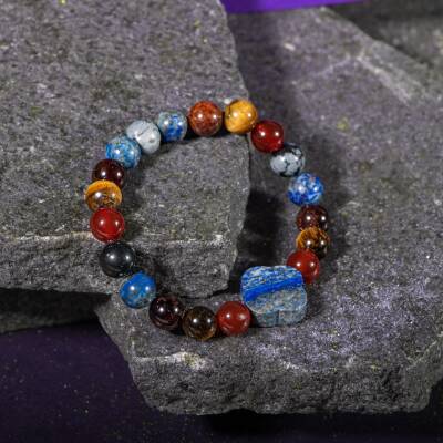 Oğlak Burcu Bileklik Bordo Granat Lal, Kaplan Gözü, Karlı Obsidyen, Kırmızı Akik, Lapis Lazuli - 5