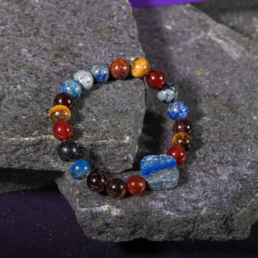 Oğlak Burcu Bileklik Bordo Granat Lal, Kaplan Gözü, Karlı Obsidyen, Kırmızı Akik, Lapis Lazuli - 5