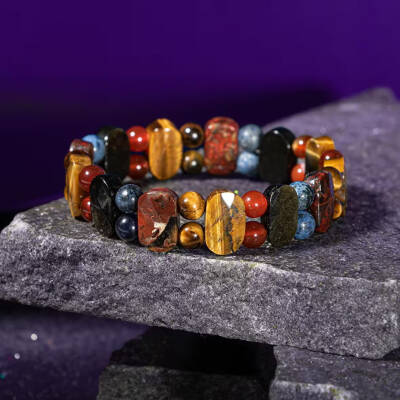 Oğlak Burcu Bileklik Dumanlı Kuvars, Dumortierit, Golden Obsidyen, Jasper, Kaplan Gözü, Kırmızı Akik - Osmanlı Doğaltaş