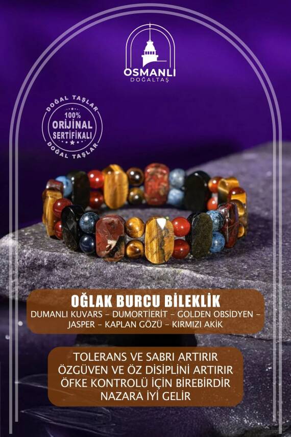 Oğlak Burcu Bileklik Dumanlı Kuvars, Dumortierit, Golden Obsidyen, Jasper, Kaplan Gözü, Kırmızı Akik - 2