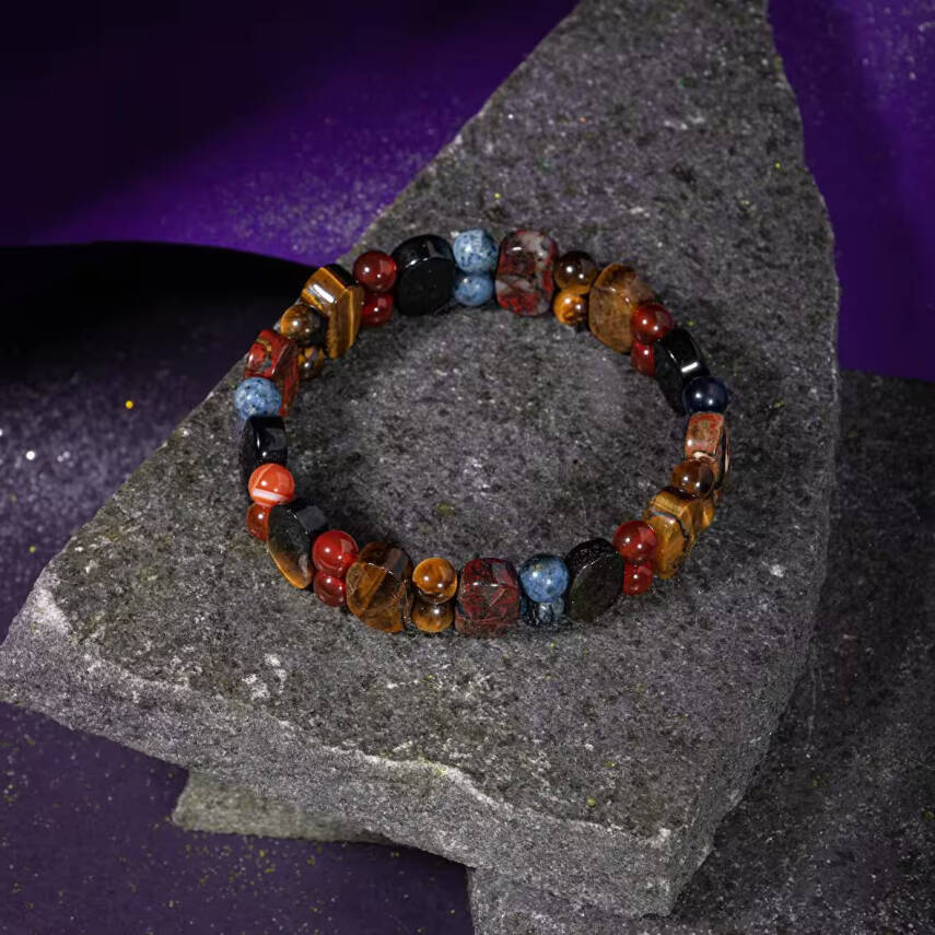 Oğlak Burcu Bileklik Dumanlı Kuvars, Dumortierit, Golden Obsidyen, Jasper, Kaplan Gözü, Kırmızı Akik - 3