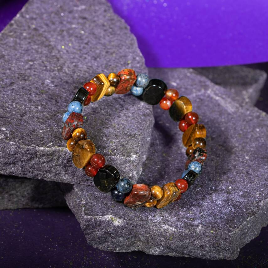 Oğlak Burcu Bileklik Dumanlı Kuvars, Dumortierit, Golden Obsidyen, Jasper, Kaplan Gözü, Kırmızı Akik - 3