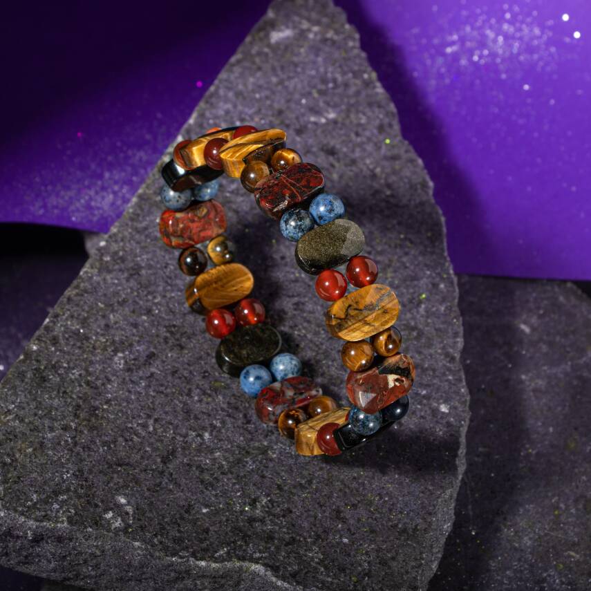 Oğlak Burcu Bileklik Dumanlı Kuvars, Dumortierit, Golden Obsidyen, Jasper, Kaplan Gözü, Kırmızı Akik - 4