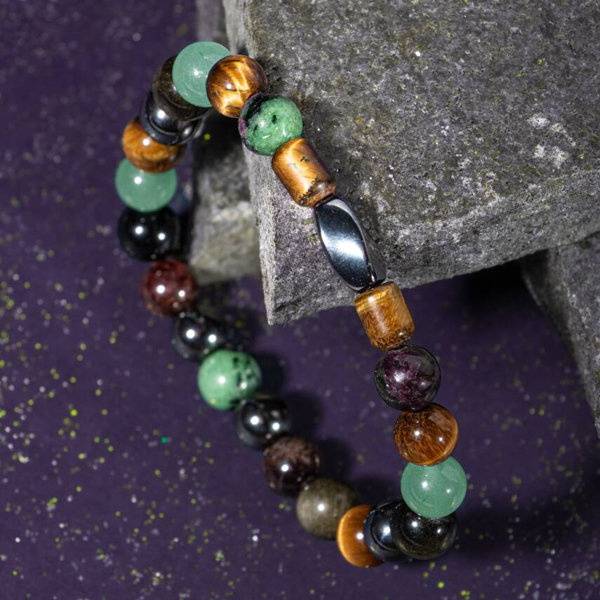 Oğlak Burcu Bileklik Dumanlı Kuvars, Dumortierit, Golden Obsidyen, Jasper, Kaplan Gözü - 4