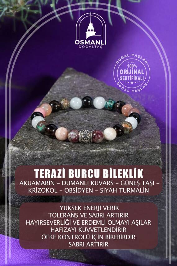 Oğlak Burcu Bileklik Dumanlı Kuvars, Kaplan Gözü, Kırmızı Akik, Pembe Kuvars, Selenit - 2
