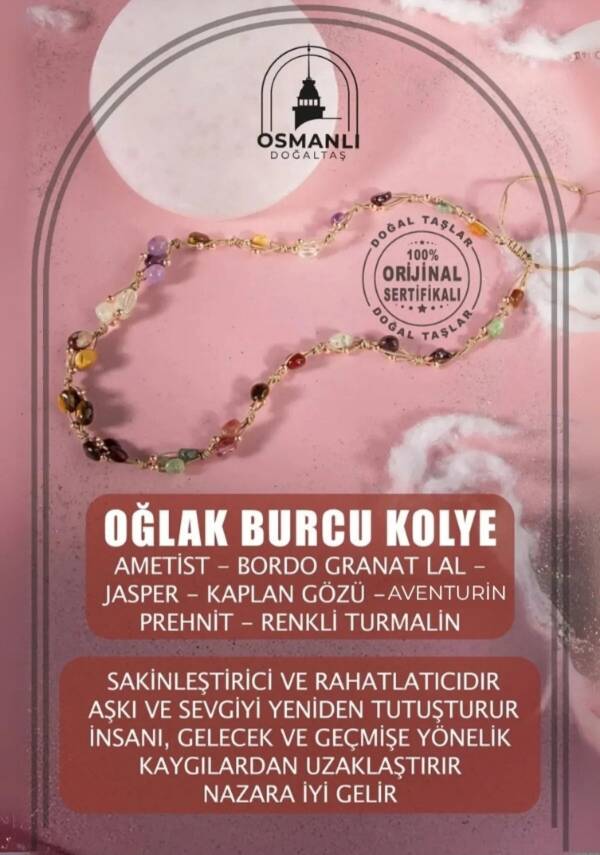 Oğlak Burcu Kolye Ametist, Bordo Granat Lal, Jasper, Kaplan Gözü, Kunzit, Prehnit, Renkli Turmalin - 2