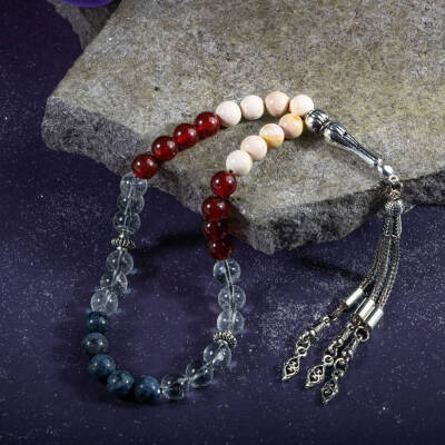 Oğlak Burcu Tesbih Dumortierit, Jasper, Kırmızı Akik, Kristal Kuvars - Osmanlı Doğaltaş