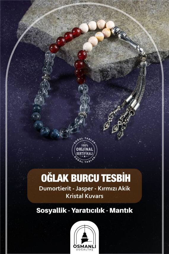 Oğlak Burcu Tesbih Dumortierit, Jasper, Kırmızı Akik, Kristal Kuvars - 2