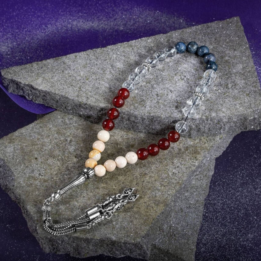 Oğlak Burcu Tesbih Dumortierit, Jasper, Kırmızı Akik, Kristal Kuvars - 3