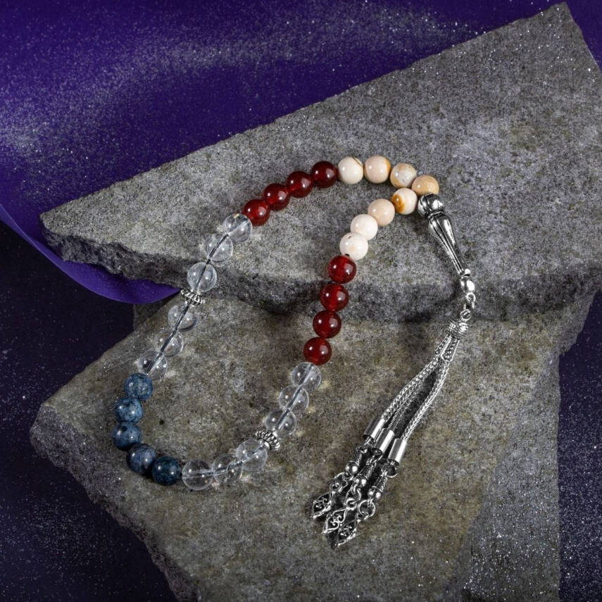 Oğlak Burcu Tesbih Dumortierit, Jasper, Kırmızı Akik, Kristal Kuvars - 4