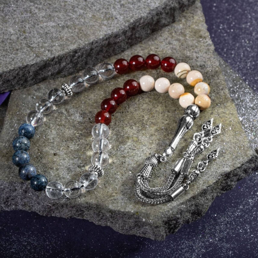 Oğlak Burcu Tesbih Dumortierit, Jasper, Kırmızı Akik, Kristal Kuvars - 5