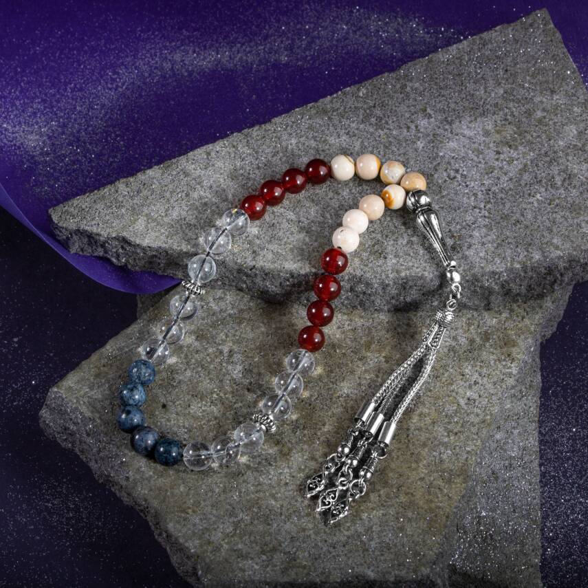 Oğlak Burcu Tesbih Dumortierit, Jasper, Kırmızı Akik, Kristal Kuvars - 4