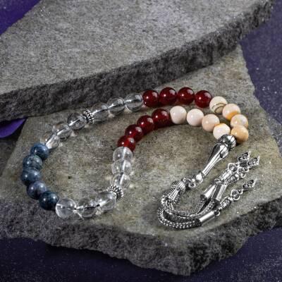 Oğlak Burcu Tesbih Dumortierit, Jasper, Kırmızı Akik, Kristal Kuvars - 5