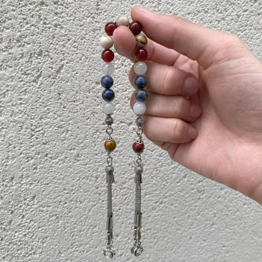 Oğlak Burcu Zaza Tesbih Doğal Taş Dumortierit, Jasper, Kırmızı Akik, Kristal Kuvars - 1