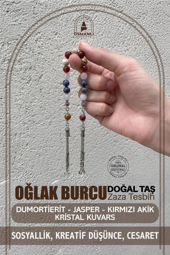 Oğlak Burcu Zaza Tesbih Doğal Taş Dumortierit, Jasper, Kırmızı Akik, Kristal Kuvars - 2