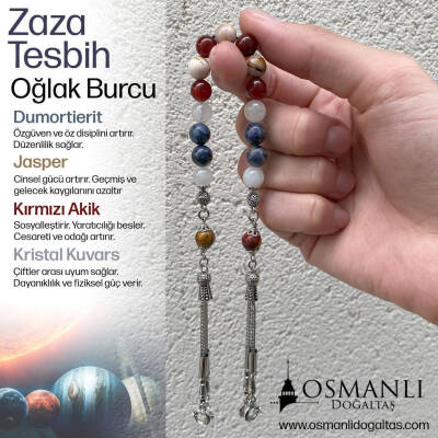 Oğlak Burcu Zaza Tesbih Doğal Taş Dumortierit, Jasper, Kırmızı Akik, Kristal Kuvars - 3