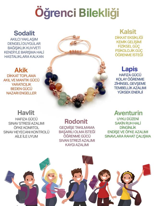 Öğrenci Bilekliği Doğal Taş Merdiven Kapama İpli Model Lapis - Sodalit - Karnelyan Akik - Kalsit - Aventurin - Rodonit - Havlit - 1